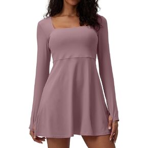Square Neck Long Sleeves Tennis Dress One Piece Exercise Dress with Built-in Bra in Kuwait