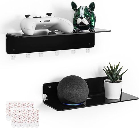 OAPRIRE Black Acrylic Floating Shelves Set of 2 - Damage Free Expand Wall Space - 12 Inch Wall Shelves with Strong Adhesive for Bathroom, Bedroom, etc in Saudi Arabia