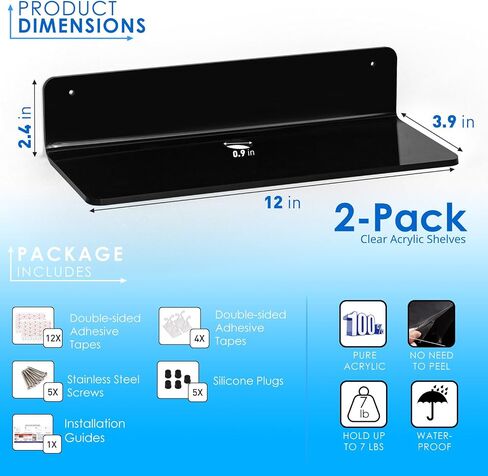 OAPRIRE Black Acrylic Floating Shelves Set of 2 - Damage Free Expand Wall Space - 12 Inch Wall Shelves with Strong Adhesive for Bathroom, Bedroom, etc in Saudi Arabia