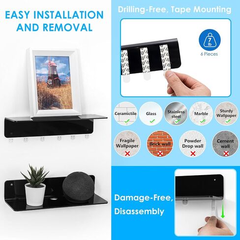 OAPRIRE Black Acrylic Floating Shelves Set of 2 - Damage Free Expand Wall Space - 12 Inch Wall Shelves with Strong Adhesive for Bathroom, Bedroom, etc in Saudi Arabia