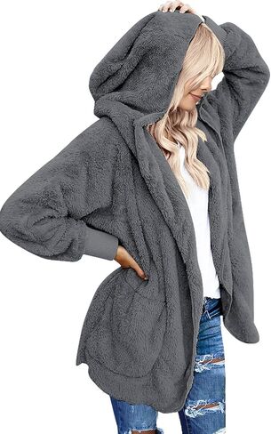 LookbookStore Womens Cardigan 2024 Winter Oversized Open Front Fleece Hooded Draped Pockets Jacket Coats in Kuwait