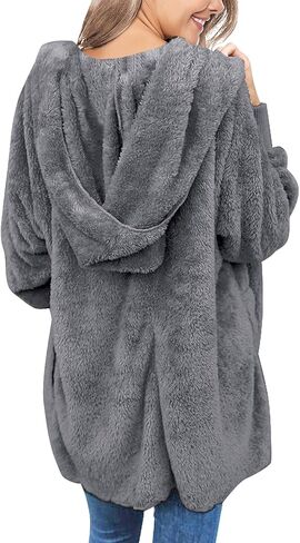 LookbookStore Womens Cardigan 2024 Winter Oversized Open Front Fleece Hooded Draped Pockets Jacket Coats in Kuwait