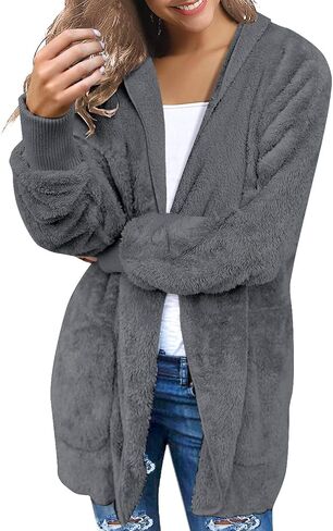 LookbookStore Womens Cardigan 2024 Winter Oversized Open Front Fleece Hooded Draped Pockets Jacket Coats in Kuwait