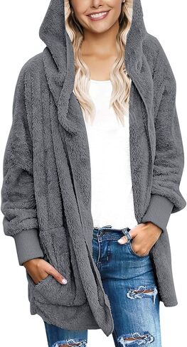 LookbookStore Womens Cardigan 2024 Winter Oversized Open Front Fleece Hooded Draped Pockets Jacket Coats in Kuwait
