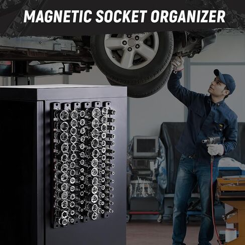 ALOANES Magnetic Socket Organizer, 3/8-Inch Drive Aluminum Socket Holder Socket Tray, Heavy Duty Socket Rail Organizer for Tool Box Drawer, 360°Swivel Clips Socket Rack 3/8-Inch x 14 Clips (Black) in Kuwait