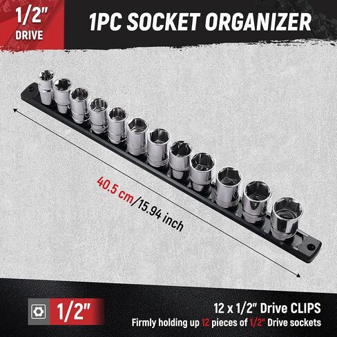 ALOANES Magnetic Socket Organizer, 3/8-Inch Drive Aluminum Socket Holder Socket Tray, Heavy Duty Socket Rail Organizer for Tool Box Drawer, 360°Swivel Clips Socket Rack 3/8-Inch x 14 Clips (Black) in Kuwait