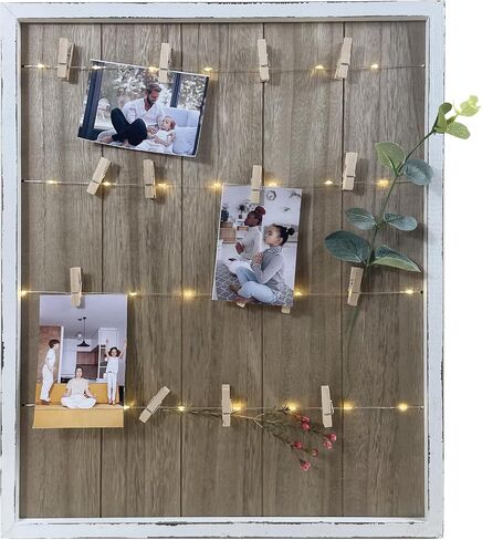 إطار صورة بمشبك مع أضواء LED خرافية، إطار من الخشب الصلب مع مشابك غسيل خشبية لتعليق الصور، لهجات لطيفة، وتذكارات، ديكور منزلي عتيق، 15.75 بوصة × 19.25 بوصة (أبيض) in Saudi Arabia