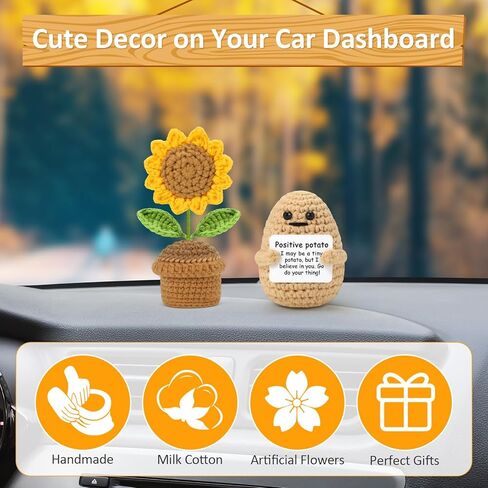 هدايا عباد الشمس كروشيه البطاطس الإيجابية للنساء، زهور صناعية لعيد الميلاد لتزيين لوحة القيادة في المنزل والمكتب والسيارة in Kuwait
