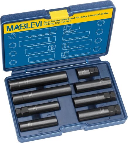 MABLEVI 8PCS Wheel Lock Removal Kit, SAE Metric Lug Nut Key Set for Easy Removal of Locking Lug Nuts on Aftermarket 5, 6, 7, 12 Spline and Hex Style in Saudi Arabia