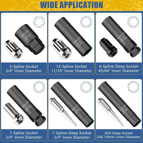 MABLEVI 8PCS Wheel Lock Removal Kit, SAE Metric Lug Nut Key Set for Easy Removal of Locking Lug Nuts on Aftermarket 5, 6, 7, 12 Spline and Hex Style in Saudi Arabia