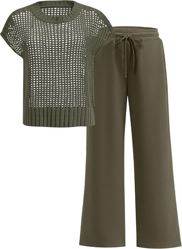 ANRABESS Women Two Piece Outfits Crochet Sheer Knit Sweater Top Wide Leg Pants Lounge Matching Sets Sweatsuit Travel Clothes in Kuwait