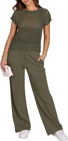 ANRABESS Women Two Piece Outfits Crochet Sheer Knit Sweater Top Wide Leg Pants Lounge Matching Sets Sweatsuit Travel Clothes in Kuwait