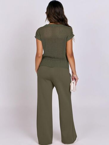 ANRABESS Women Two Piece Outfits Crochet Sheer Knit Sweater Top Wide Leg Pants Lounge Matching Sets Sweatsuit Travel Clothes in Kuwait