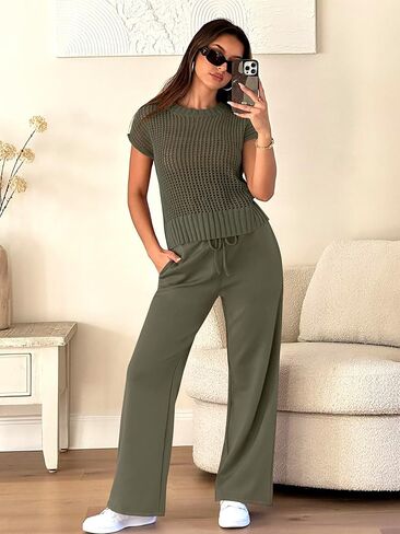 ANRABESS Women Two Piece Outfits Crochet Sheer Knit Sweater Top Wide Leg Pants Lounge Matching Sets Sweatsuit Travel Clothes in Kuwait
