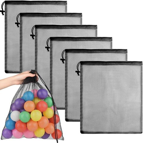 PLULON 6 Pcs Mesh Bag Drawstring Mesh Laundry Bags, 18 x 12 Inch Nylon Drawstring Bag for Pool Beach Ball Toys Storage Bag for Collecting Travel Sports Gym (Black) in Saudi Arabia