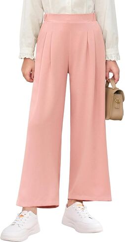 Haloumoning Girls High Waisted Uniform Pants Kids Wide Leg Dress Pants Casual Trousers with Pockets 5-14 Years in Kuwait