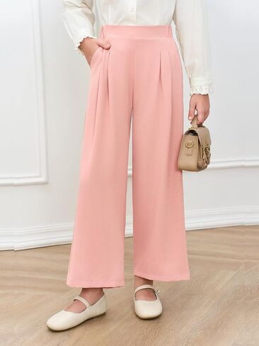 Haloumoning Girls High Waisted Uniform Pants Kids Wide Leg Dress Pants Casual Trousers with Pockets 5-14 Years in Kuwait