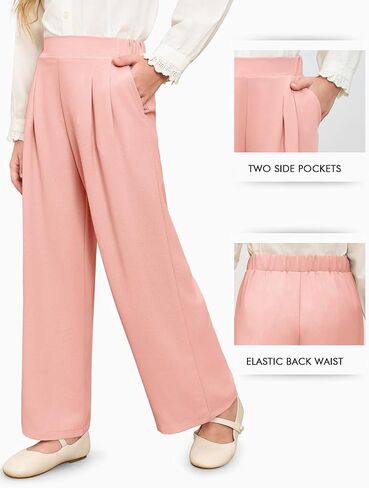 Haloumoning Girls High Waisted Uniform Pants Kids Wide Leg Dress Pants Casual Trousers with Pockets 5-14 Years in Kuwait