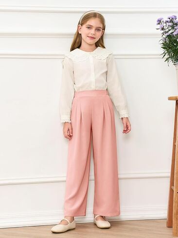 Haloumoning Girls High Waisted Uniform Pants Kids Wide Leg Dress Pants Casual Trousers with Pockets 5-14 Years in Kuwait