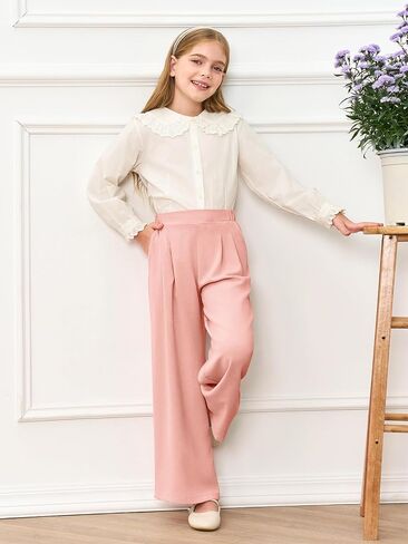 Haloumoning Girls High Waisted Uniform Pants Kids Wide Leg Dress Pants Casual Trousers with Pockets 5-14 Years in Kuwait