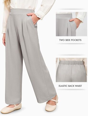Haloumoning Girls High Waisted Uniform Pants Kids Wide Leg Dress Pants Casual Trousers with Pockets 5-14 Years in Kuwait