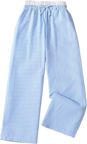 MakeMeChic Girl's Striped Pants Bow Knot Elastic Waist Straight Leg Bottoms in Saudi Arabia