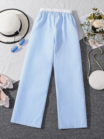 MakeMeChic Girl's Striped Pants Bow Knot Elastic Waist Straight Leg Bottoms in Saudi Arabia