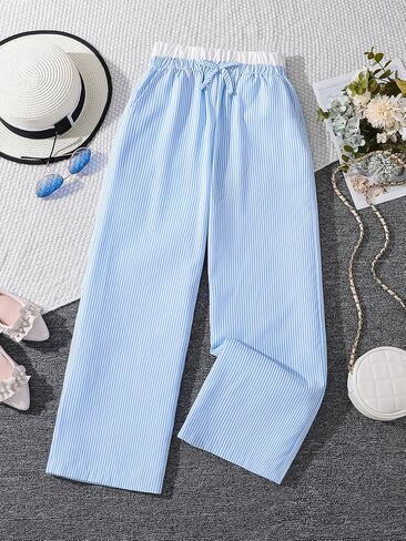 MakeMeChic Girl's Striped Pants Bow Knot Elastic Waist Straight Leg Bottoms in Saudi Arabia