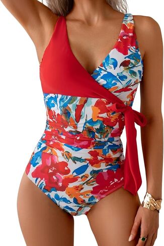B2prity Women's One Piece Swimsuit Tummy Control Slimming Bathing Suit V Neck Swim Suit Color Block Tie Side Swimwear in Kuwait