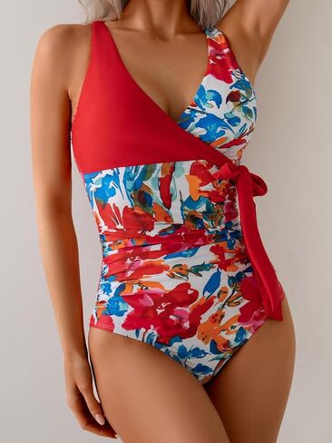 B2prity Women's One Piece Swimsuit Tummy Control Slimming Bathing Suit V Neck Swim Suit Color Block Tie Side Swimwear in Kuwait