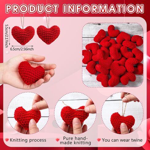 24 Pcs Valentine's Day Ornaments Knitted Crochet Heart Ornaments Handmade Tree Decoration Heart Bauble Fillers Valentine Gift Ideal for Christmas Tree Party Home Decor(Red) in Saudi Arabia