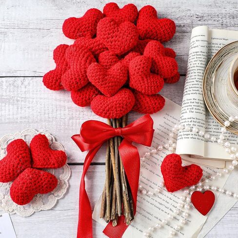 24 Pcs Valentine's Day Ornaments Knitted Crochet Heart Ornaments Handmade Tree Decoration Heart Bauble Fillers Valentine Gift Ideal for Christmas Tree Party Home Decor(Red) in Saudi Arabia