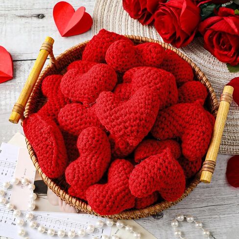 24 Pcs Valentine's Day Ornaments Knitted Crochet Heart Ornaments Handmade Tree Decoration Heart Bauble Fillers Valentine Gift Ideal for Christmas Tree Party Home Decor(Red) in Saudi Arabia