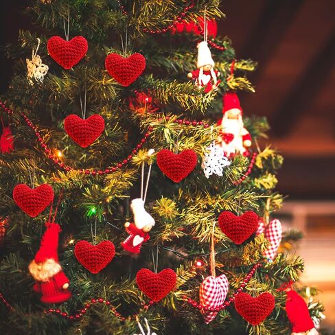 24 Pcs Valentine's Day Ornaments Knitted Crochet Heart Ornaments Handmade Tree Decoration Heart Bauble Fillers Valentine Gift Ideal for Christmas Tree Party Home Decor(Red) in Saudi Arabia