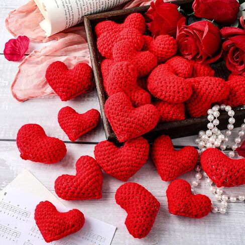 24 Pcs Valentine's Day Ornaments Knitted Crochet Heart Ornaments Handmade Tree Decoration Heart Bauble Fillers Valentine Gift Ideal for Christmas Tree Party Home Decor(Red) in Saudi Arabia