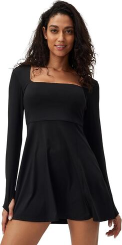 Square Neck Long Sleeves Tennis Dress One Piece Exercise Dress with Built-in Bra in Saudi Arabia