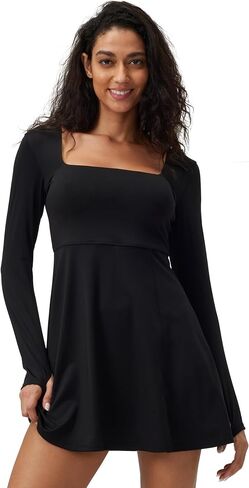 Square Neck Long Sleeves Tennis Dress One Piece Exercise Dress with Built-in Bra in Saudi Arabia