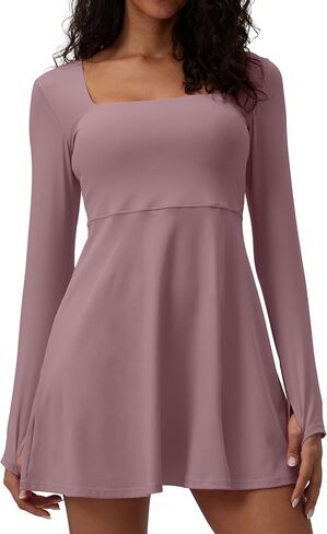 فستان تنس برقبة مربعة وأكمام طويلة، فستان للتمرين من قطعة واحدة مع حمالة صدر مدمجة in Kuwait