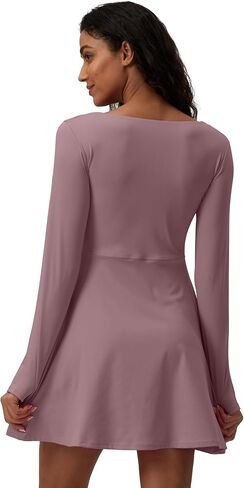 فستان تنس برقبة مربعة وأكمام طويلة، فستان للتمرين من قطعة واحدة مع حمالة صدر مدمجة in Kuwait