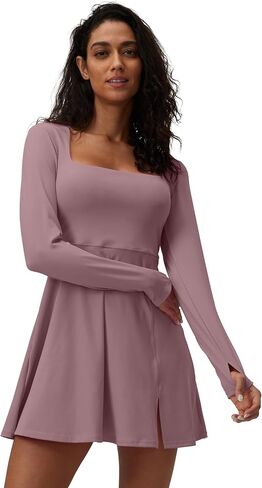 فستان تنس برقبة مربعة وأكمام طويلة، فستان للتمرين من قطعة واحدة مع حمالة صدر مدمجة in Kuwait