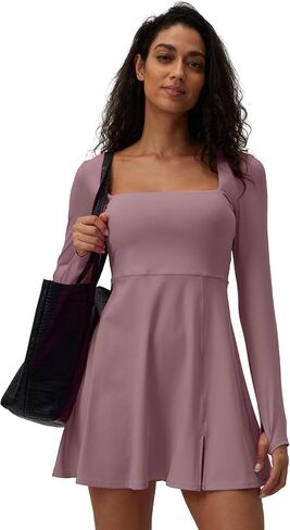 فستان تنس برقبة مربعة وأكمام طويلة، فستان للتمرين من قطعة واحدة مع حمالة صدر مدمجة in Kuwait