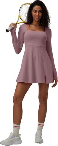 فستان تنس برقبة مربعة وأكمام طويلة، فستان للتمرين من قطعة واحدة مع حمالة صدر مدمجة in Kuwait