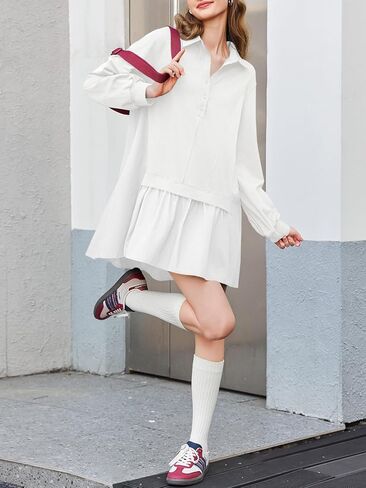 Fisoew Womens Oversized Sweatshirt Dress Long Sleeve V Neck Patchwork Casual Pullover Tops Loose Fit Mini Dresses in Kuwait