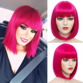Rosa Star Hot Pink Wig with Bangs Women Straight Synthetic Rose Red Short Bob Wig for Halloween Costume Cosplay Party Comic-con Anime