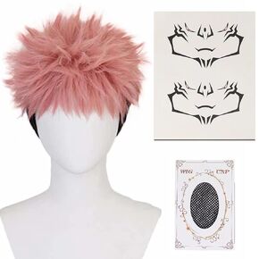 Cosplay Wig with Tattoo Yuji Costume Wig Short Pink Anime Wig with Wig Cap Short Black Hair for Cosplay Show,Halloween Costume Party,Theme Party