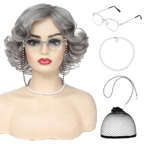 Old Lady Wig and Accessories 5 Pcs Set, Short Silver Gray Curly Granny Wig, Realistic Style Grandma Costume Wig for Cosplay and Party (Granny Wig/Wig Cap/Glasses/Glasses Chain/Necklace)