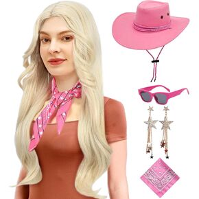 Cowgirl Costume Girls Long Blonde Wig Cowboy Hat for Women Halloween Party Cosplay