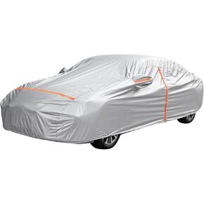 Waterproof Car Cover, 192" x 74.8" x 59" Outdoor Car Cover with Zip Reflective Stripes Dust Protection UV, 210D Winter Snow Hail Cover, Universal Fit for Sedan-Length (Up to 192"), Sliver