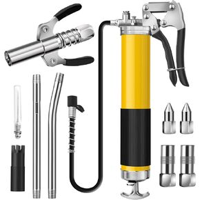 Grease Gun Kit, 8000 PSI Heavy Duty Pistol Grip Grease Gun, Grease Gun Tool for 14 oz Grease Tubes, Multiple Fittings, Extension Tubes, and Needle Tip Nozzle - Hand Grease Gun with Coupler