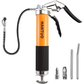 Grease Gun, 8000 PSI Heavy Duty Pistol Grip Grease Gun Kit with 14 oz Load, 18 Inch Spring Flex Hose, 2 Grease Couplers, 2 Extension Rigid Pipes and 1 Sharp Type Nozzle, Suit for Zerk Fittings